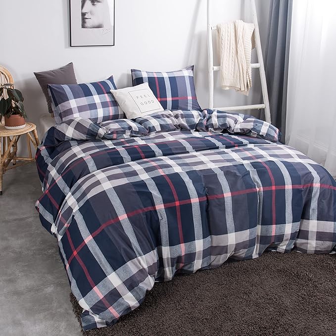 CLOTHKNOW Navy Plaid California King Comforter Set Tartan Bedding Comforter Sets All Season Soft Blue White Grey Grid Comforter with 2 x Pillow Cases