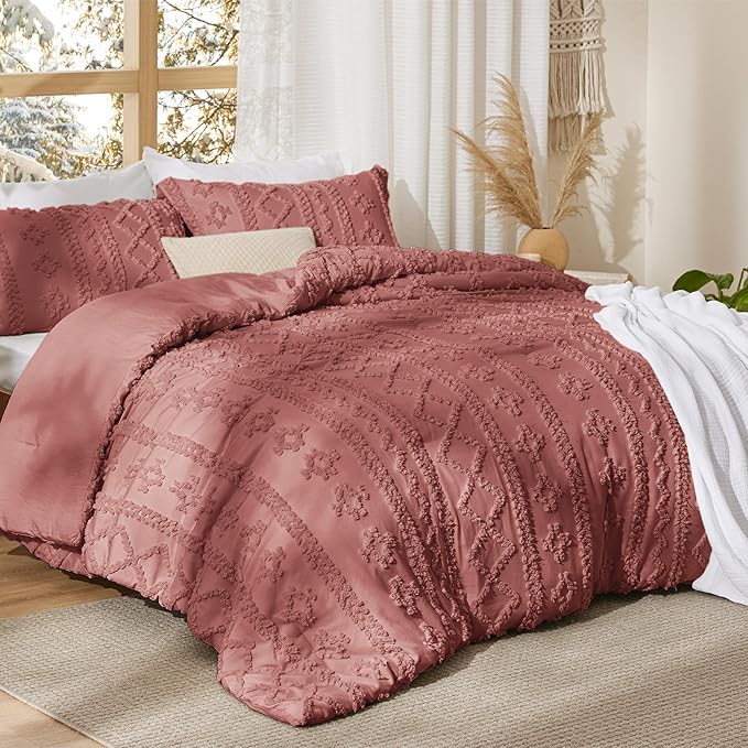 Bedsure Tufted Boho Comforter Set Twin Size - Grayish Pink Boho Bed Set, GentleSoft™ 2 Pieces Farmhouse Shabby Chic Embroidery Bedding, Gifts for Woman, Soft Jacquard Twin Comforter for All Seasons