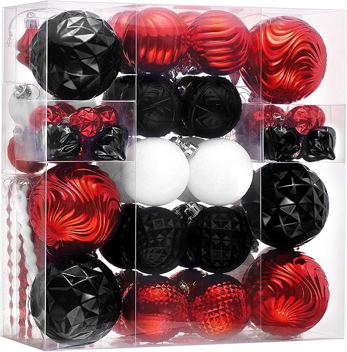 Valery Madelyn 100ct Christmas Tree Decorations Ball Ornament Set, Red and Black Shatterproof Hanging Ornaments Bulk for Xmas Holiday Party Decor