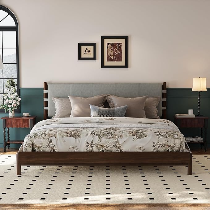 Premium Rubber Wood Platform Bed Frames, King Size Headboard Included, Mid Century Modern Beds, Walnut+Light Grey