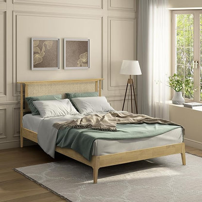 NTC Ruby Wooden Bed Frame with Headboard, Solid Wood Foundation with Silent Slats and Wood Central Supports, 1000 Lb Capacity, Effortless Assembly, Multiple Sizes and Colors (Sand, Queen)