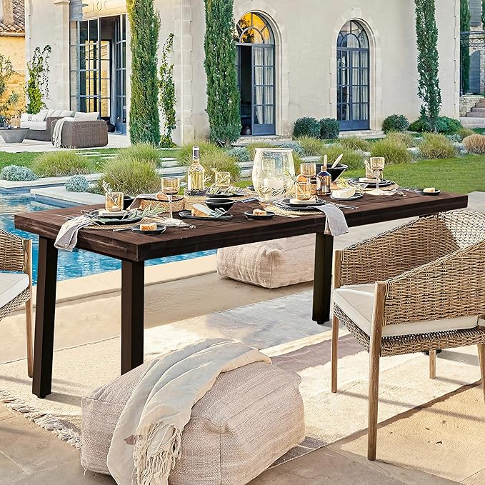 Devoko Home Acacia Wood Dining Table 6-Person Indoor Outdoor Table with Iron Legs, Sandblast Finish, Natural Stained, Rustic Metal, 69 * 33 * 30 inch (Espresso)