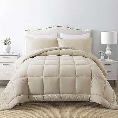 DOWNCOOL Queen Comforter Set -All Season Bedding Comforters Sets with 2 Pillow Cases-3 Pieces Bedding Sets Queen -Down Alternative Beige Queen Size Comforter Sets(88"x90")