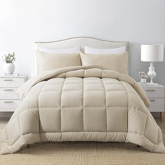 DOWNCOOL King Size Comforter Set -All Season Bedding Comforters Sets with 2 Pillow Cases -3 Pieces Bed Set Down Alternative King Bedding Set -Beige King Comforter Set(102"x90")