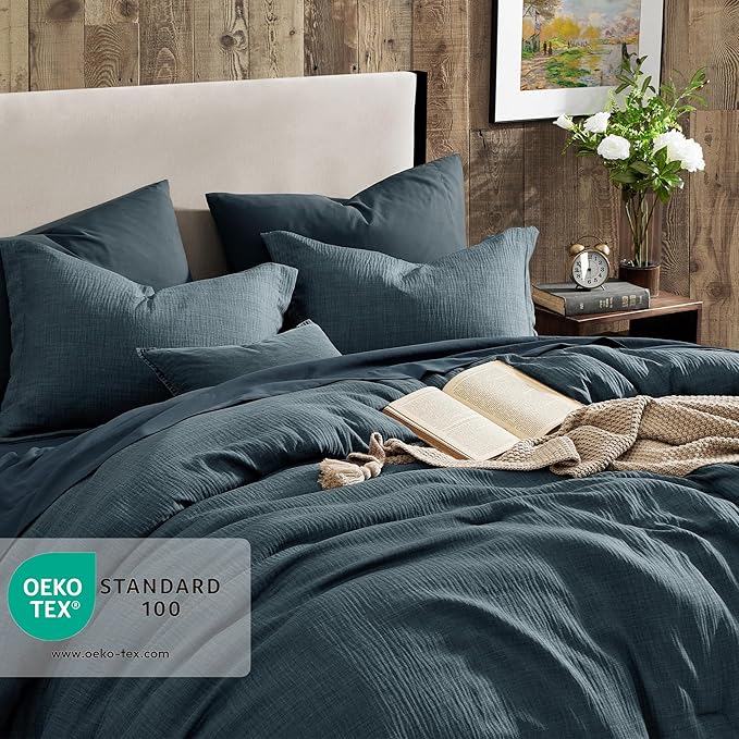 Geniospin Full Comforter Set - 7 Pieces Comforter Full Size, Solid Bedding Sets for All Season, Textured Bed in a Bag with Flat Sheet and Fitted Sheet, Pillowcases and Shams (Navy Blue, 80''x90'')