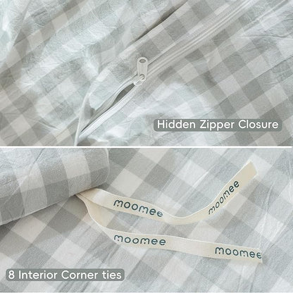 MooMee Gingham Duvet Cover Set 100% Washed Cotton Linen Like Textured Breathable Durable Soft Comfy Modern Checkered Design (Northern Droplet Grey Gingham, Oversized Queen 98"x98")