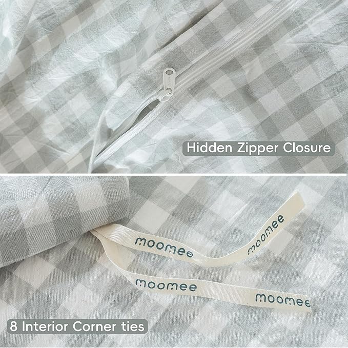 MooMee Gingham Duvet Cover Set 100% Washed Cotton Linen Like Textured Breathable Durable Soft Comfy Modern Checkered Design (Northern Droplet Grey Gingham, Queen 90"x90")