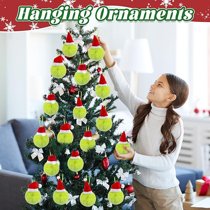 12 Pcs Lime Green Furry Christmas Balls Ornaments, 2.36 Inch Pom Pom Ball with Christmas Hat Hanging Decoration for Tree Green Christmas Home School Office Hanging Decor
