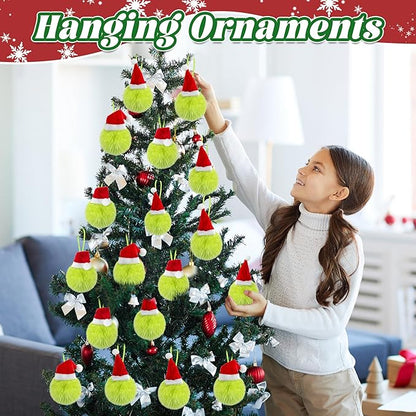 12 Pcs Lime Green Furry Christmas Balls Ornaments, 2.36 Inch Pom Pom Ball with Christmas Hat Hanging Decoration for Tree Green Christmas Home School Office Hanging Decor