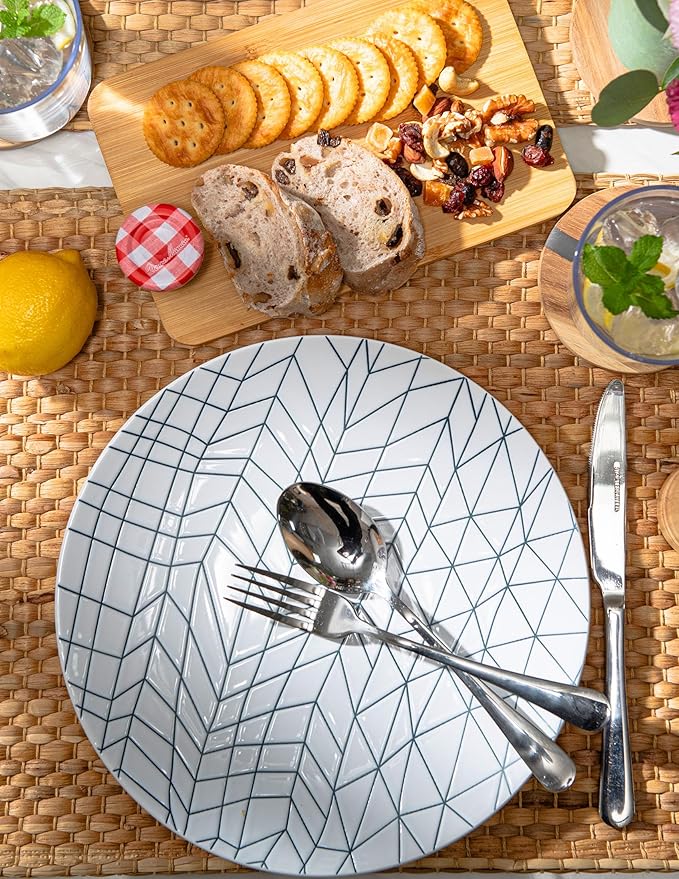 BZYOO 12 Piece Ceramic Dinnerware Set Modern Contemporary Design Plates and Bowls for Dining Glossy White Stoneware Dishes Set Microwave And Dishwasher Safe (Spidy Collection)
