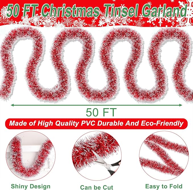 50 Feet Red Christmas Tinsel Garland for Christmas Tree Decorations, Xmas Metallic Twist Shiny Hanging Garland Decor for Mantle Stairs Fireplace Home Holiday Indoor Outdoor