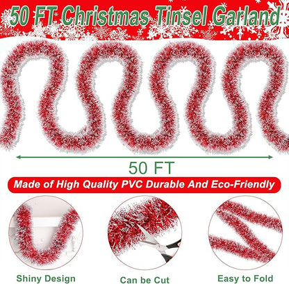 50 Feet Red Christmas Tinsel Garland for Christmas Tree Decorations, Xmas Metallic Twist Shiny Hanging Garland Decor for Mantle Stairs Fireplace Home Holiday Indoor Outdoor