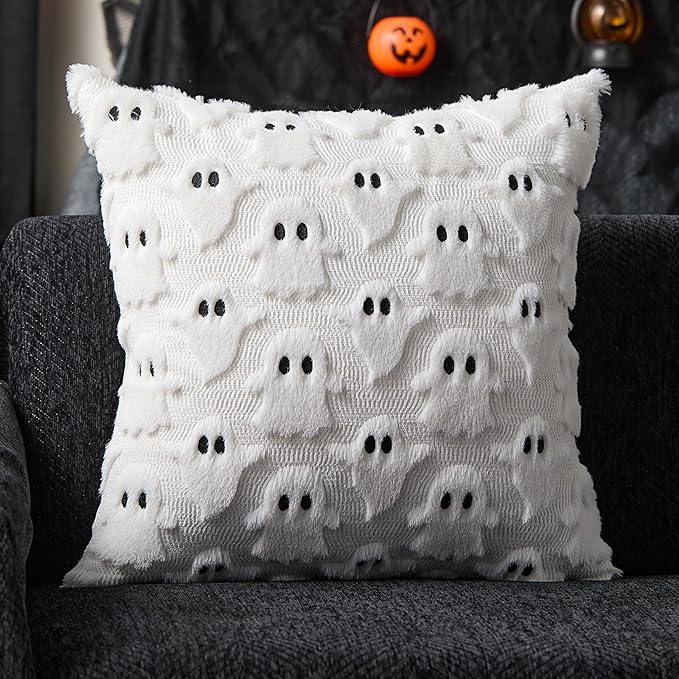 DFXSZ Halloween Pillow Covers 18x18 inch Set of 2 White Ghost Throw Pillow Cases Soft Plush Faux Fur Wool Cushion Case for Chair Bedroom Living Room Home Decor PTK03A18
