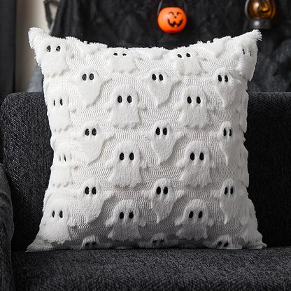 DFXSZ Halloween Pillow Covers 18x18 inch Set of 2 White Ghost Throw Pillow Cases Soft Plush Faux Fur Wool Cushion Case for Chair Bedroom Living Room Home Decor PTK03A18