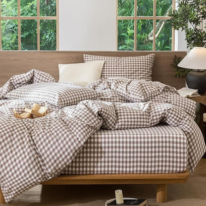 MooMee Gingham Duvet Cover Set 100% Washed Cotton Linen Like Textured Breathable Durable Soft Comfy Modern Checkered Design (Brown Gingham, Cal King 104"x98")