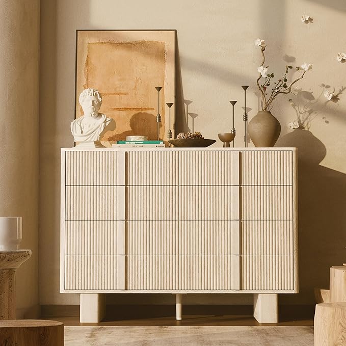 Fluted Dresser for Bedroom with 8 Drawers, 47" Wide Modern Chest of Drawers with Wooden Handle, Wooden Dresser TV Stand, Wood Closet Clothes Storage Organizer for Living Room, Hallway, Whitewashed oak