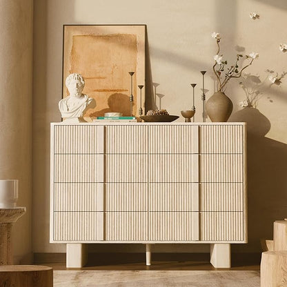 Fluted Dresser for Bedroom with 8 Drawers, 47" Wide Modern Chest of Drawers with Wooden Handle, Wooden Dresser TV Stand, Wood Closet Clothes Storage Organizer for Living Room, Hallway, Whitewashed oak