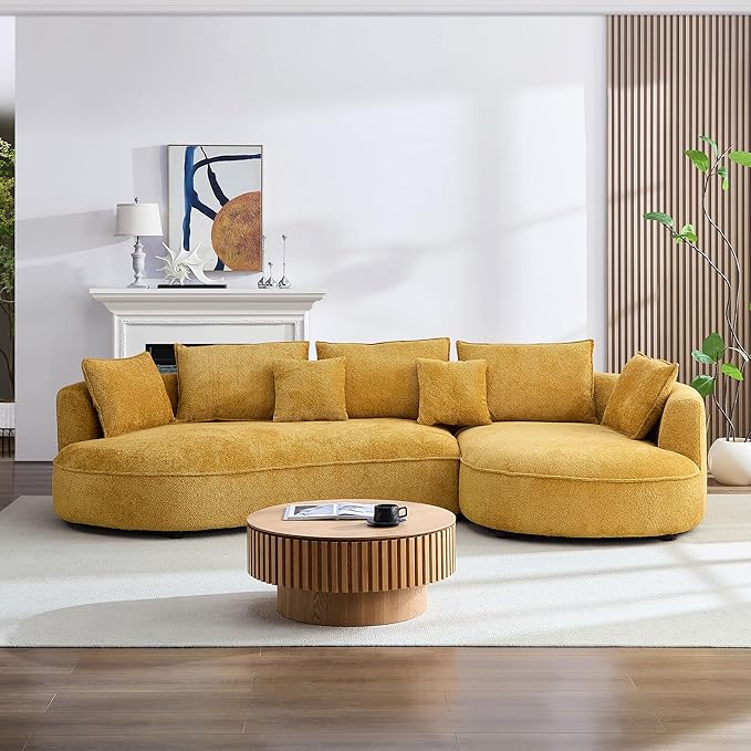 125'' Modern Curved Cloud Sofa Luxury Living Room 5 Seater Combo Sofa Cloud Curve Design Mid Century Upholstered Sofa with Ottoman for Living Room Bedroom Apartment (Boucle, Yellow)
