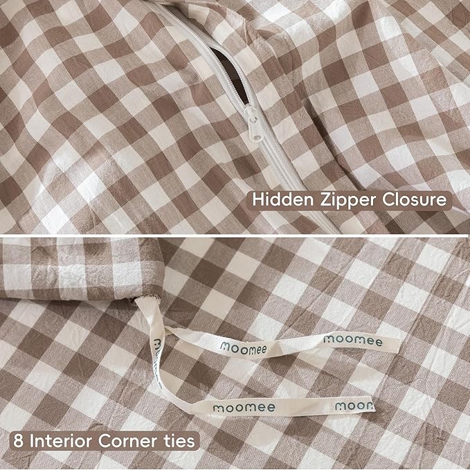 MooMee Gingham Duvet Cover Set 100% Washed Cotton Linen Like Textured Breathable Durable Soft Comfy Modern Checkered Design (Brown Gingham, Oversized Queen 98"x98")