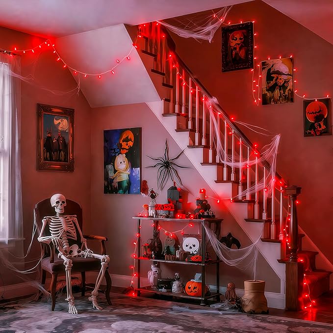 JMEXSUSS 33ft 100 LED Red Halloween Lights, 8 Modes Room String Light Indoor Plug-in, Clear Wire Red Christmas Lights Outdoor Waterproof for Halloween Bedroom, Party