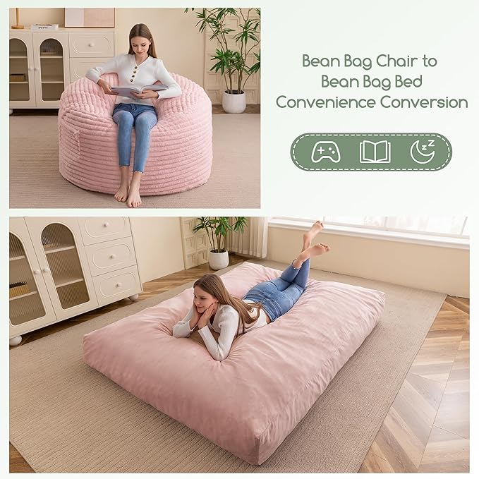 Giant Bean Bag Chair Bed for Adults, Convertible Beanbag Folds from Lazy Chair to Floor Mattress Bed with Machine Washable Cover, Large Floor Sofa Couch with High-Density Foam Filling