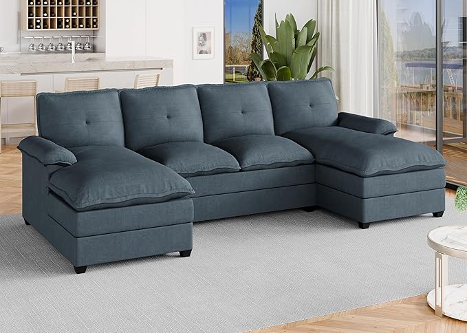 Meilocar U Shaped Sectional Sofa 110" 4 Seat Large Cloud Couch with Wide Chaise Double Cushions, Grey