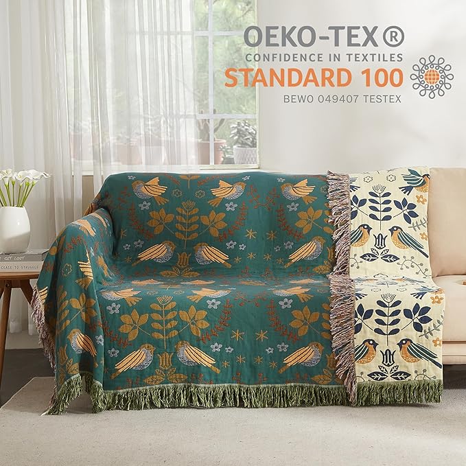 Boho Throw Blanket 100% Cotton Woven Ultra Soft 4-Layer Muslin Quilt Farmhouse Bed Blanket Cover 90"x98", Bird Floral