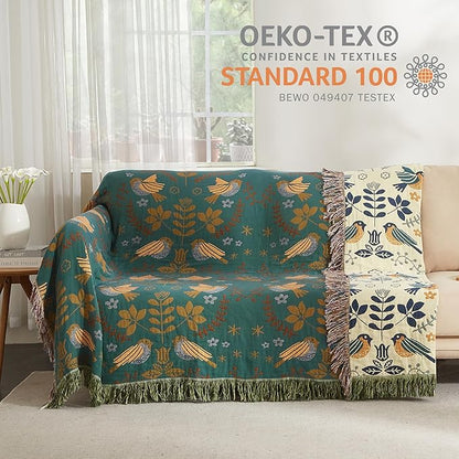 Boho Throw Blanket 100% Cotton Woven Ultra Soft 4-Layer Muslin Quilt Farmhouse Bed Blanket Cover 80"x90", Bird Floral