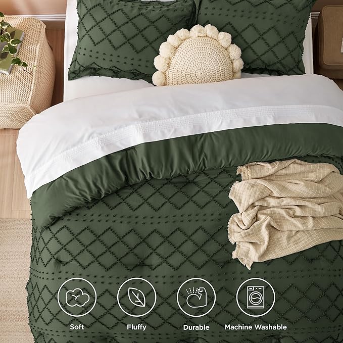 Bedsure Full Comforter Set - Olive Green Comforter, Boho Tufted Shabby Chic Bedding for Kids, 3 Pieces Vintage Farmhouse Bed Set for All Seasons, Fluffy Soft Bedding with 2 Pillow Shams
