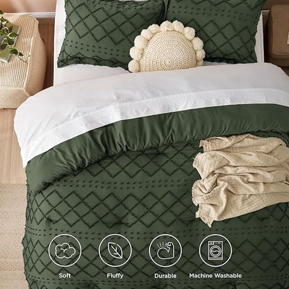 Bedsure Full Comforter Set - Olive Green Comforter, Boho Tufted Shabby Chic Bedding for Kids, 3 Pieces Vintage Farmhouse Bed Set for All Seasons, Fluffy Soft Bedding with 2 Pillow Shams