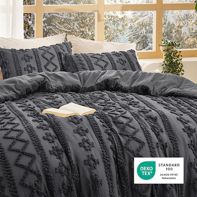 Bedsure Tufted Boho Comforter Set California King Size - Dark Grey Boho Bed Set, GentleSoft™ 3 Pieces Farmhouse Shabby Chic Embroidery Bedding, Gifts for Woman, Soft Jacquard Comforter for All Seasons