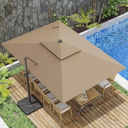 10x13FT Cantilever Outdoor Patio Umbrellas, Double Top Large Rectangle Umbrella, Heavy Duty 360° Rotation Offset Outdoor Sun Shade Umbrella for Garden Deck Pool Backyard Patio, Beige Brown
