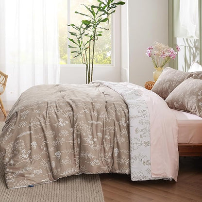 Bedsure California King Comforter Set - Light Taupe Bed Set, 3 Pieces Cute Floral Bedding, 1 Soft Reversible Botanical Flowers Comforter and 2 Pillow Shams