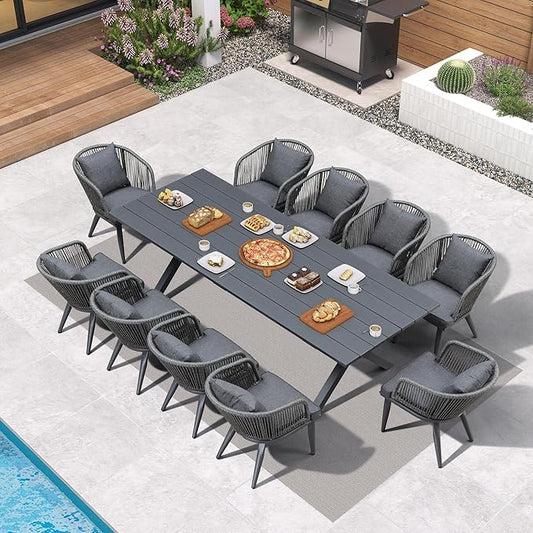 PURPLE LEAF 11 Pieces Patio Dining Table Set Wicker Outdoor Furniture Rectangular Table and Chairs Set for Garden Deck Aluminum Frame Backyard Kitchen Set, Cushions and Pillows Included Grey