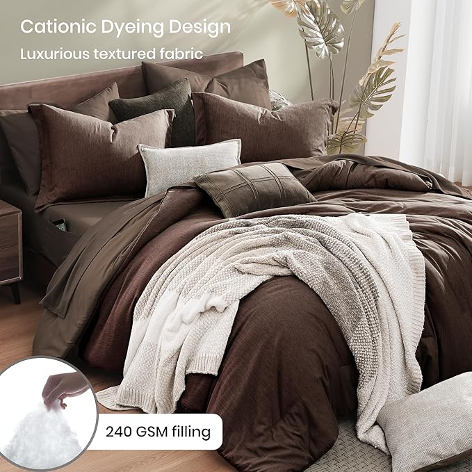 Monbix King Size Comforter Set, Chocolate Brown King Bedding Set Reversible, King Comforter Set 7 Pieces, Cationic Dyeing Bed in a Bag with Comforter, Sheets, Pillowcases & Shams