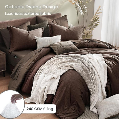 Monbix King Size Comforter Set, Chocolate Brown King Bedding Set Reversible, King Comforter Set 7 Pieces, Cationic Dyeing Bed in a Bag with Comforter, Sheets, Pillowcases & Shams