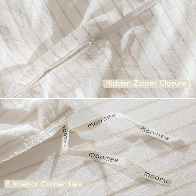 MooMee Striped Duvet Cover Set 100% Washed Cotton Linen Like Textured Breathable Durable Soft Comfy (White Almond Milk Grey Wide Stripes, Super King Plus 120"x120")