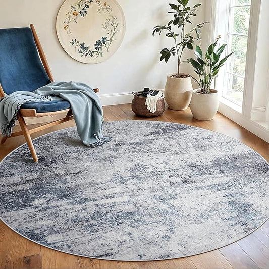 Round Rug 5ft Circle Rug Washable: Carpet Small Circular Area Rug for Entryway Kitchen Bedroom Dining Room Living Room 5 Feet Abstract College Dorm Non Slip Low Pile Blue Grey