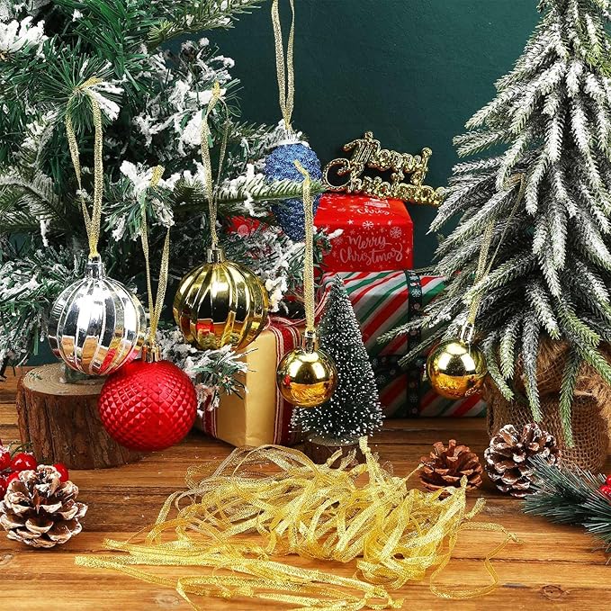 JUNEBRUSHS 300Pcs Christmas Ornament Hangers, Hand Tied String Ties, Ribbon Loops for Christmas Tree Hanging Decorations (Gold)
