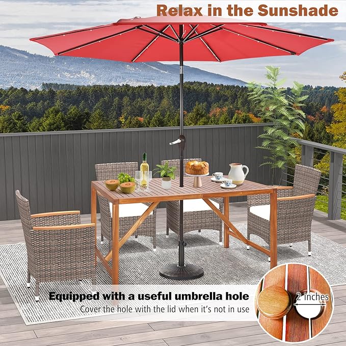 Tangkula Outdoor Rectangle Dining Table, Acacia Wood Table with 2 Inch Umbrella Hole, Spacious Slatted Tabletop for 6 Person, Indoor Outdoor Table for Backyard, Dining Room