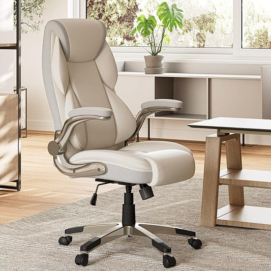 EUREKA ERGONOMIC Galene Executive Office Chair Flip Up Arm Rest, Ergonomic Desk Chair Faux Leather Computer Chair, High Back Office Chair with Headrest, Home Desk Chairs with Wheels, Beige
