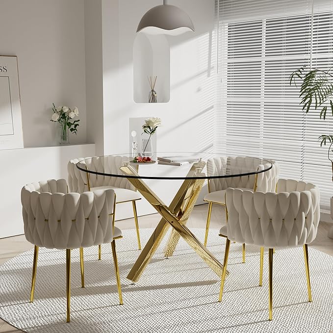 5 Pieces Round Glass Dining Table Set, 47'' Modern Luxury Circle Kitchen Table Set for 4, Minimalist Clear Circular Top Dinner Set with Ivory Woven Chairs Set, for Large Place Home (Golden)