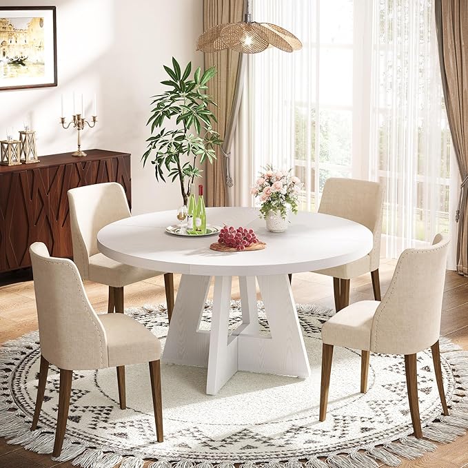 Tribesigns Farmhouse Dining Table 47 Inch Round Dinner Table for 4, Rustic Round, White