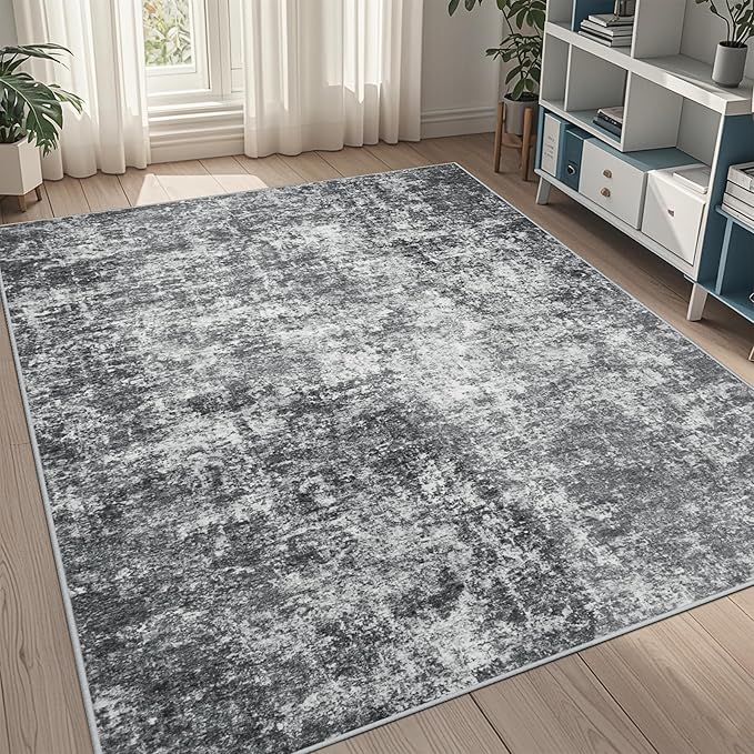 5x7 Area Rugs for Living Room Rug Washable: Abstract Rug for Dining Room Bedroom Carpet Non Slip 5 by 7 Indoor Modern Nursery Home Office Black Grey