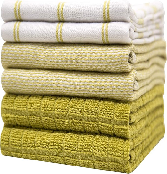 Premium Kitchen Towels 6 Pack Large Cotton Hand Towels Flat Terry Absorbent Tea Towels with Hanging Loop Lime Green Check 20x28