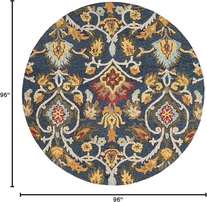 SAFAVIEH Blossom Collection Area Rug - 8' Round, Navy & Multi, Handmade Wool, Ideal for High Traffic Areas in Living Room, Bedroom (BLM402A)