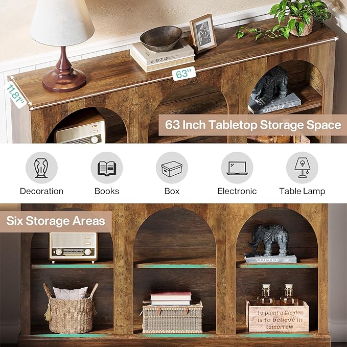 Tribesigns Farmhouse Console Table, 63-Inch Long Entryway Table with 3 Tier Storage, Wooden Rectangular Sofa Table Behind The Couch for Entrance, Hallway, Living Room, Brown