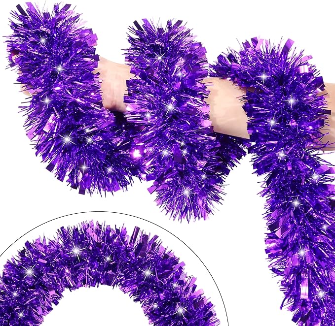 33FT Purple Tinsel Christmas Garland Metallic Twist Shiny Garland for Christmas Tree Decorations, Xmas Holiday Hanging Garland for Home Indoor Outdoor Party Supplies Holiday Decor
