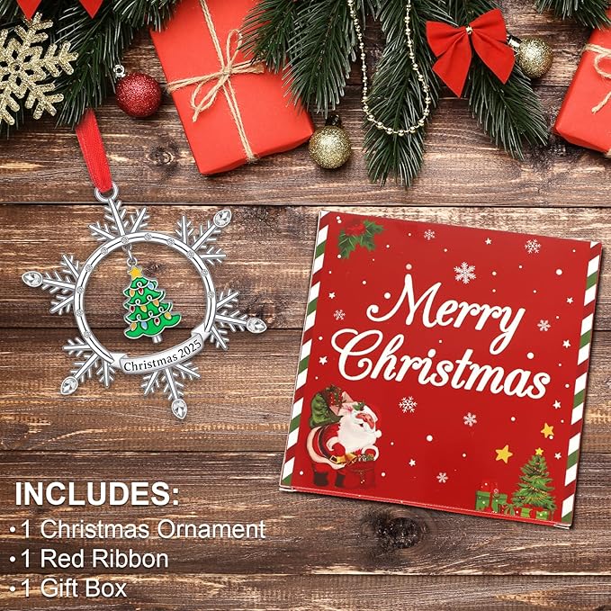 Christmas Ornament 2025, Silver Snowflake Ornament with Tree Design, Metal Hanging Engraved Christmas 2025 Ornaments, Holiday Keepsake Ornament for Xmas Tree Decor