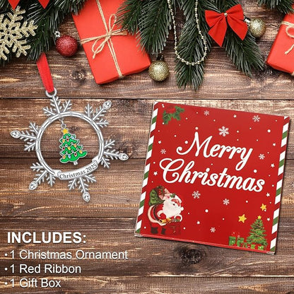 Christmas Ornament 2025, Silver Snowflake Ornament with Tree Design, Metal Hanging Engraved Christmas 2025 Ornaments, Holiday Keepsake Ornament for Xmas Tree Decor